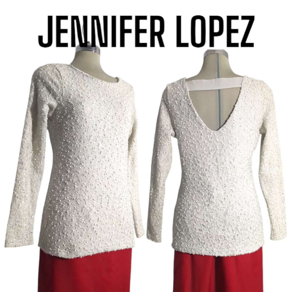 Jennifer Lopez Ivory and Metallic Silver Luxury Sweater Size M